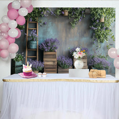Lofaris Rustic Lavender Floral Photography Backdrop with Wooden Crates and Green Vines, Natural Studio Background for Portrait Photoshoot