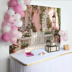 Lofaris Pink Floral Garden Photography Backdrop with White Picket Fence and Wooden Floor, Romantic Spring Photo Background for Studio Portrait