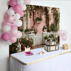 Lofaris Romantic Pink Garden Photography Backdrop with Climbing Roses, Charming Outdoor Scene Background for Photoshoot