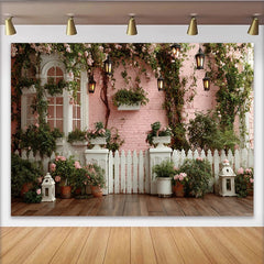 Lofaris Romantic Pink Garden Photography Backdrop with Climbing Roses, Charming Outdoor Scene Background for Photoshoot