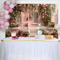 Lofaris Charming Pink House Photography Backdrop with Climbing Roses and White Fence, Romantic Floral Garden Background for Spring Photoshoot