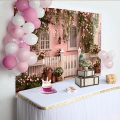 Lofaris Charming Pink House Photography Backdrop with Climbing Roses and White Fence, Romantic Floral Garden Background for Spring Photoshoot