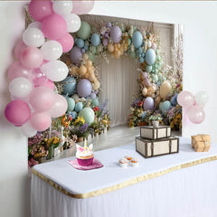 Lofaris Pastel Floral Balloon Photography Backdrop with Spring Flowers and Birdcage, Elegant Studio Background for Photoshoot Party Decor