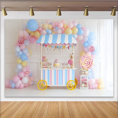 Lofaris Pastel Candy Cart Birthday Backdrop with Balloons and Lollipops, Sweet Shop Photography Background for Kids Party Decor