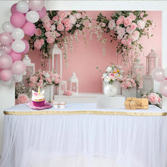 Lofaris Elegant Pink and White Floral Photography Backdrop with Roses and Lanterns, Studio Background for Romantic Portraits