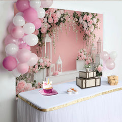 Lofaris Elegant Pink and White Floral Photography Backdrop with Roses and Lanterns, Studio Background for Romantic Portraits