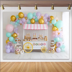 Lofaris Pastel Balloon Dessert Cart Birthday Backdrop for Girls, Colorful Donut Party Decor for Studio Photography