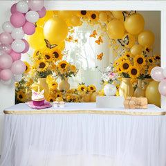 Lofaris Yellow Sunflower Photography Backdrop with Balloons and Butterflies, Elegant Studio Background for Spring Photoshoot