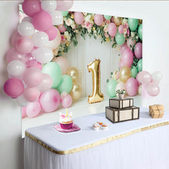 Lofaris Pink and Mint Green 1st Birthday Backdrop with Gold Number One Balloon, Floral Garland Photography Background for Baby Girl Cake Smash