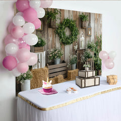Lofaris Rustic Wood Wall Photography Backdrop with Greenery and White Flowers, Elegant Studio Background for Farmhouse Photoshoot