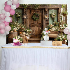 Lofaris Rustic Fall Photography Backdrop with Wooden Door and Autumn Flowers, Cozy Studio Background for Seasonal Portrait