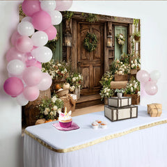 Lofaris Rustic Fall Photography Backdrop with Wooden Door and Autumn Flowers, Cozy Studio Background for Seasonal Portrait