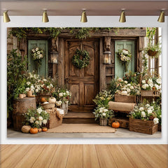 Lofaris Rustic Fall Photography Backdrop with Wooden Door and Autumn Flowers, Cozy Studio Background for Seasonal Portrait