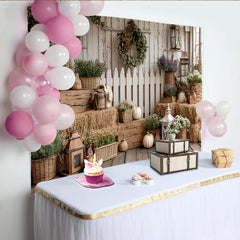 Lofaris Rustic Farmhouse Photography Backdrop with Hay Bales and Pumpkins, Elegant Floral Wall Tapestry for Autumn Photoshoot