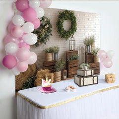 Lofaris Rustic Farmhouse Photography Backdrop with Wood Crates and Wreaths, Natural White Brick Wall Decor for Portrait Photoshoot