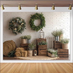 Lofaris Rustic Farmhouse Photography Backdrop with Wood Crates and Wreaths, Natural White Brick Wall Decor for Portrait Photoshoot