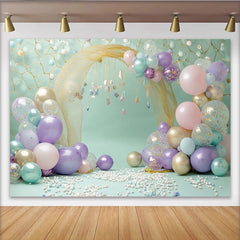 Lofaris Pastel Balloon Photography Backdrop with Golden Arch, Dreamy Party Decor for Studio Photoshoot