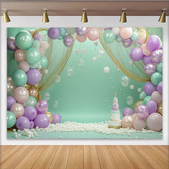 Create Pastel Balloon Birthday Backdrop with Cake Smash Decor, Mint Green Party Background for First Birthday Photoshoot