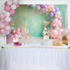 Lofaris Mermaid Birthday Backdrop with Pastel Balloons and Gold Tail, Magical Underwater Party Decor for Girl Photoshoot