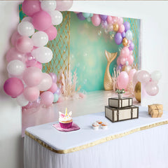 Lofaris Mermaid Birthday Backdrop with Pastel Balloons and Gold Tail, Magical Underwater Party Decor for Girl Photoshoot