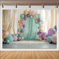 Lofaris Mint Green and Purple Balloon Photography Backdrop, Elegant Draped Fabric Wall Decor for Professional Studio Portrait