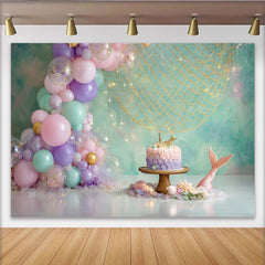 Lofaris Mermaid Birthday Backdrop with Pastel Balloons and Fishing Net, Magical Party Decor for Girl Cake Smash Photoshoot