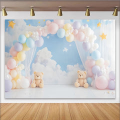 Lofaris Pastel Teddy Bear Baby Shower Backdrop with Clouds and Stars, Dreamy Photo Booth Background for Newborn Photography