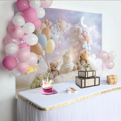 Lofaris Dreamy Teddy Bear Birthday Backdrop for Baby Cake Smash, Pastel Balloons and Moon Cloud Background for Photoshoot