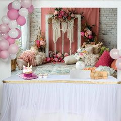 Lofaris Boho Floral Photography Backdrop with Pink Flowers and Macrame Window Frame, Rustic Studio Background for Artistic Portrait Photoshoot