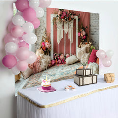 Lofaris Boho Floral Photography Backdrop with Pink Flowers and Macrame Window Frame, Rustic Studio Background for Artistic Portrait Photoshoot