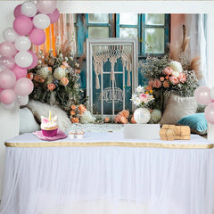Lofaris Boho Floral Window Photography Backdrop with Macrame and Peach Flowers, Elegant Studio Background for Photoshoot and Event Decor