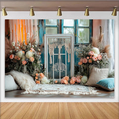 Lofaris Boho Floral Window Photography Backdrop with Macrame and Peach Flowers, Elegant Studio Background for Photoshoot and Event Decor
