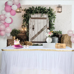 Capture Rustic Farmhouse Door Photography Backdrop with Greenery and Hay, Vintage Wood Wall Background for Portrait Photoshoot