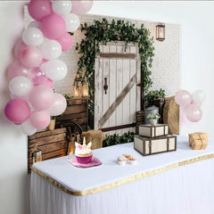 Capture Rustic Farmhouse Door Photography Backdrop with Greenery and Hay, Vintage Wood Wall Background for Portrait Photoshoot