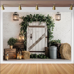 Capture Rustic Farmhouse Door Photography Backdrop with Greenery and Hay, Vintage Wood Wall Background for Portrait Photoshoot