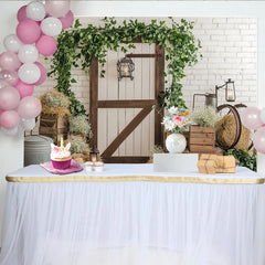 Lofaris Rustic Barn Door Photography Backdrop with Greenery and White Brick Wall, Elegant Studio Background for Farmhouse Theme Photoshoot