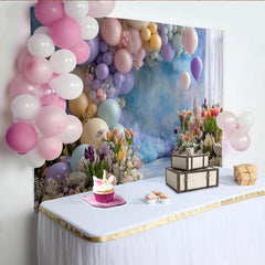 Lofaris Pastel Balloon and Tulip Photography Backdrop with Clouds, Dreamy Floral Background for Studio Portrait