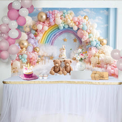 Lofaris Rainbow Teddy Bear Baby Shower Backdrop with Pastel Balloons and Clouds, Dreamy Photography Background for Newborn or Kids Party Decor