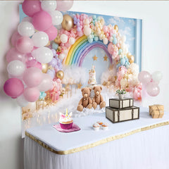 Lofaris Rainbow Teddy Bear Baby Shower Backdrop with Pastel Balloons and Clouds, Dreamy Photography Background for Newborn or Kids Party Decor