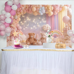 Lofaris Pastel Teddy Bear Baby Shower Backdrop with Balloons and Twinkling Stars, Dreamy Photography Background for Newborn Party Decor