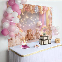 Lofaris Pastel Teddy Bear Baby Shower Backdrop with Balloons and Twinkling Stars, Dreamy Photography Background for Newborn Party Decor