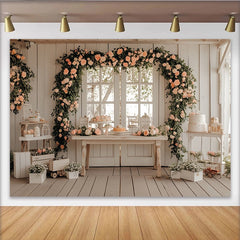 Lofaris Elegant Floral Arch Wedding Backdrop with Peach Roses and Rustic Wood, Photo Booth Prop for Bridal Shower and Party Decoration