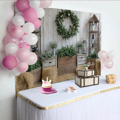 Lofaris Rustic Farmhouse Photography Backdrop with White Wood and Green Wreath, Cozy Studio Background for Portrait Photoshoot and Party Decor
