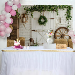 Lofaris Rustic Farmhouse Backdrop with White Barn Door and Brick Wall, Charming Country Studio Background for Photoshoot