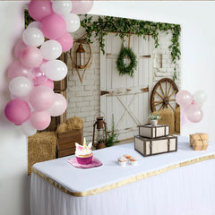 Lofaris Rustic Farmhouse Backdrop with White Barn Door and Brick Wall, Charming Country Studio Background for Photoshoot