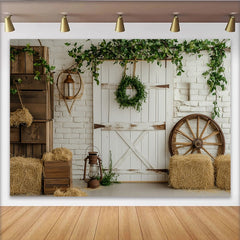Lofaris Rustic Farmhouse Backdrop with White Barn Door and Brick Wall, Charming Country Studio Background for Photoshoot