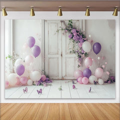 Lofaris Floral Portrait Backdrop with Purple Balloons and Butterflies, Elegant White Door Decor for Professional Studio Photoshoot