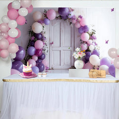 Lofaris Purple and Pink Balloon Photography Backdrop with White Door, Floral Party Decor for Studio Photoshoot