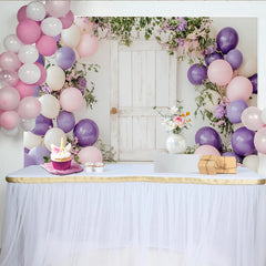 Lofaris Rustic White Door Floral Balloon Birthday Backdrop, Purple Pink Cream Party Decor for Photoshoot