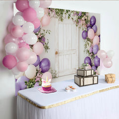 Lofaris Rustic White Door Floral Balloon Birthday Backdrop, Purple Pink Cream Party Decor for Photoshoot